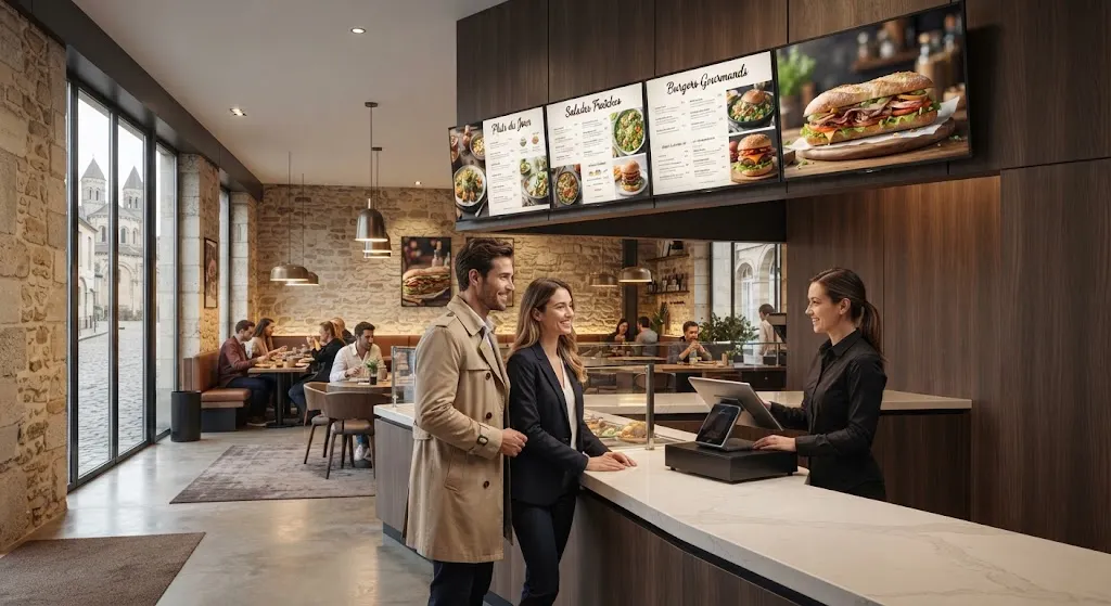 Menu board digital affichant les menus d'un restaurant à Poitiers
