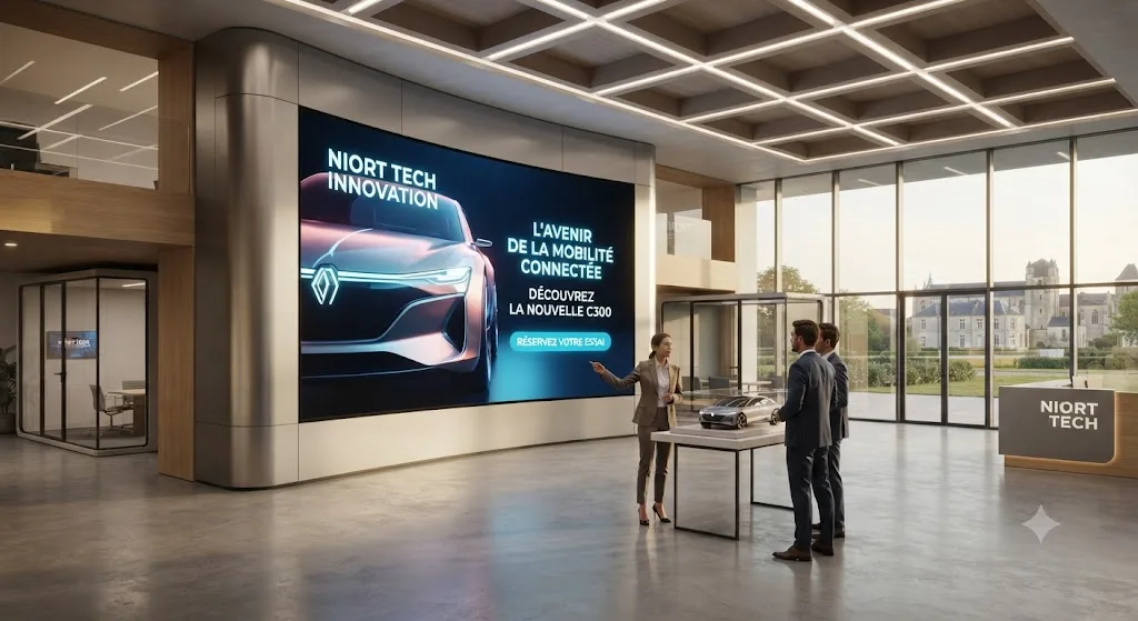 Mur LED géant installé dans un showroom moderne à Niort diffusant des contenus publicitaires haute définition