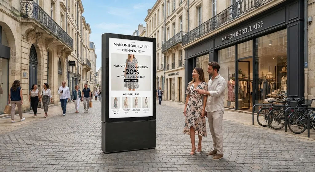 Stop trottoir digital installé devant une boutique à Bordeaux pour présenter des offres commerciales