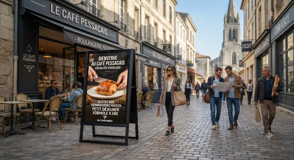 Stop trottoir numérique devant un commerce moderne à Pessac affichant des offres promotionnelles