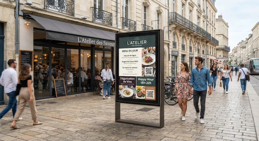 Stop trottoir numérique devant un restaurant à Bordeaux affichant le menu et les promotions du jour