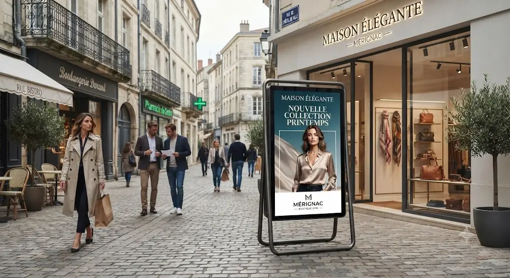 Stop trottoir numérique installé devant une boutique à Mérignac diffusant des promotions et contenus publicitaires digitaux