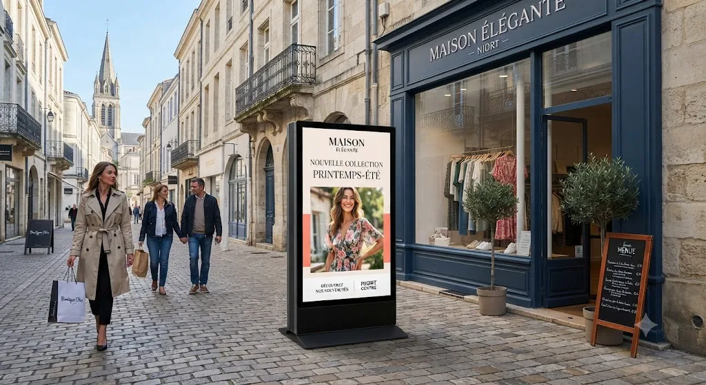Stop trottoir numérique installé devant une boutique à Niort diffusant des promotions digitales