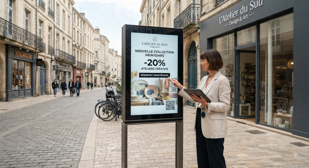 Stop trottoir numérique professionnel installé devant un commerce à Bordeaux