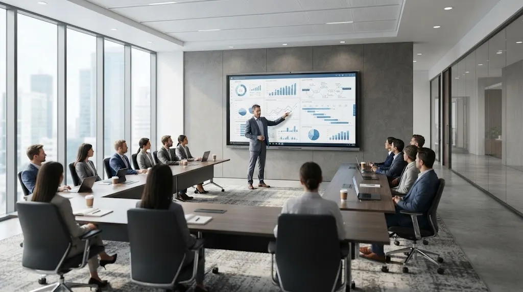 Écran interactif de 86 pouces fixé au mur d'une grande salle de conférence face aux participants