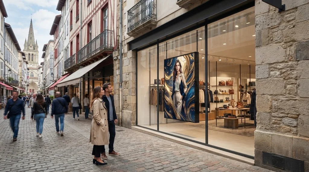 Écran vitrine haute luminosité installé dans une boutique à Bayonne