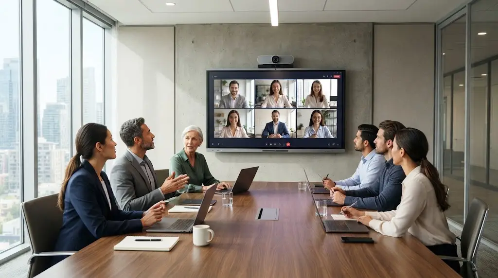Réunion hybride avec des participants à distance affichés sur un écran interactif équipé d'une caméra