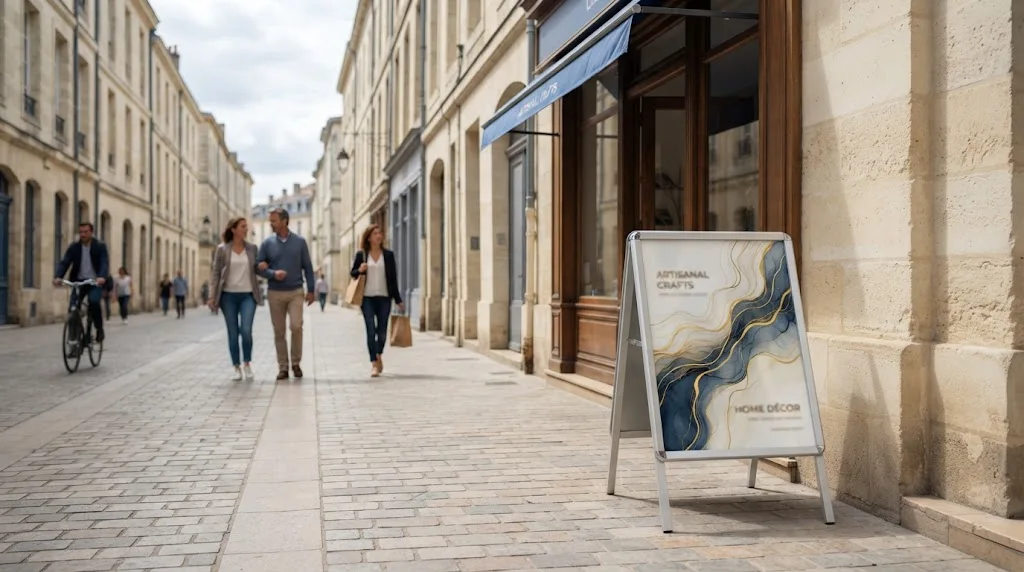 Stop trottoir en aluminium posé contre la façade d'un commerce, laissant le passage libre sur le trottoir