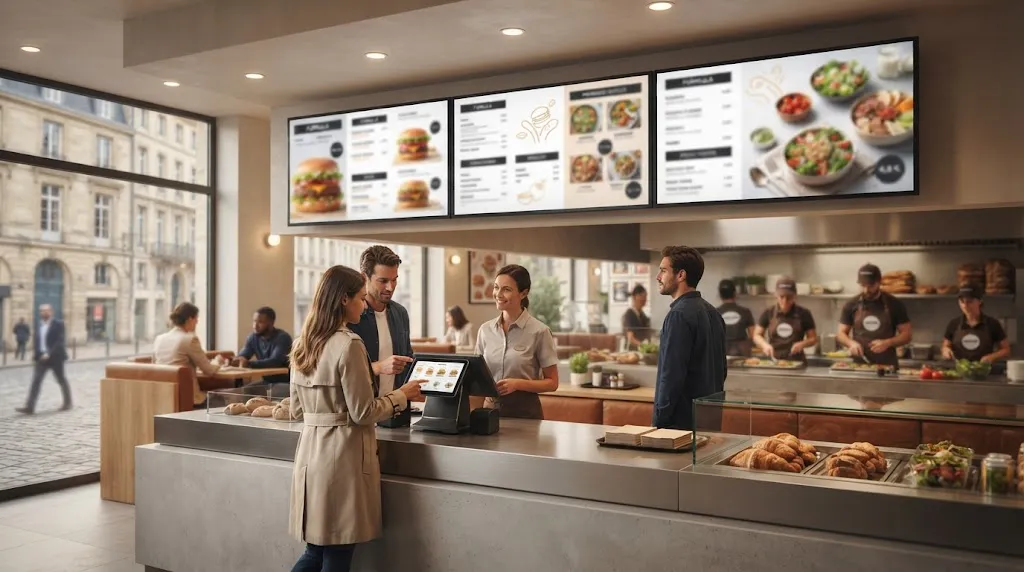 Trois menu boards digitaux au-dessus du comptoir d'un restaurant rapide affichant formules et prix